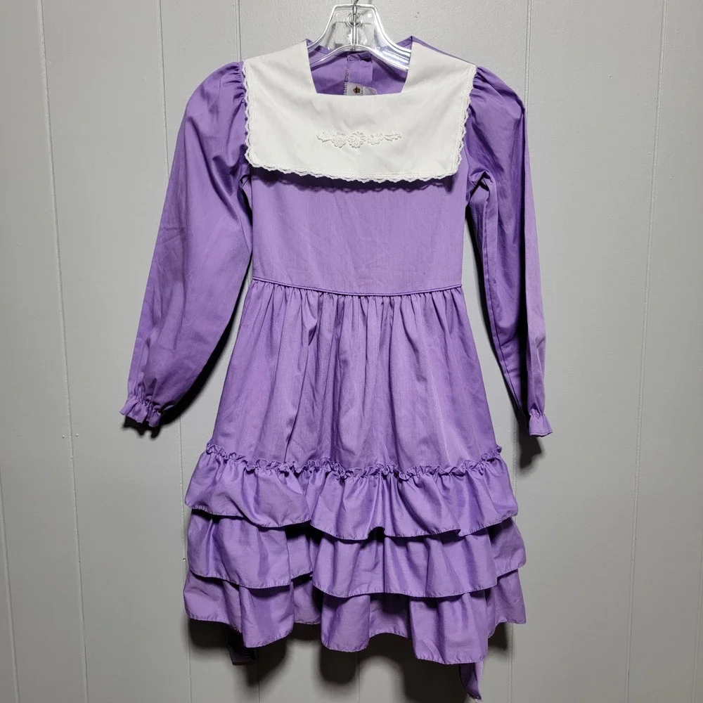 Vintage Winnie the Pooh Purple Prairie Dress Kids Size 8 Ruffle Bib Collar USA